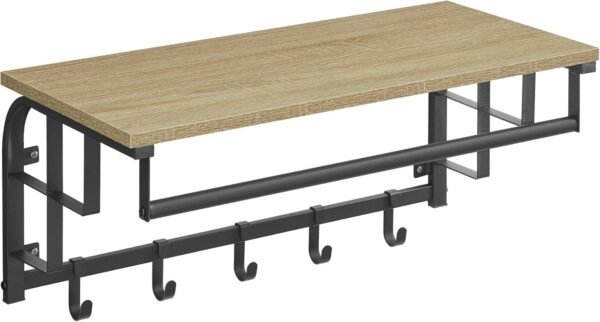 „Wandregal mit Haken – Rustikales Holz und schwarzes Metallgestell, 30 x 66 x 27 cm – Ideal für Flur, Küche oder Badezimmer“