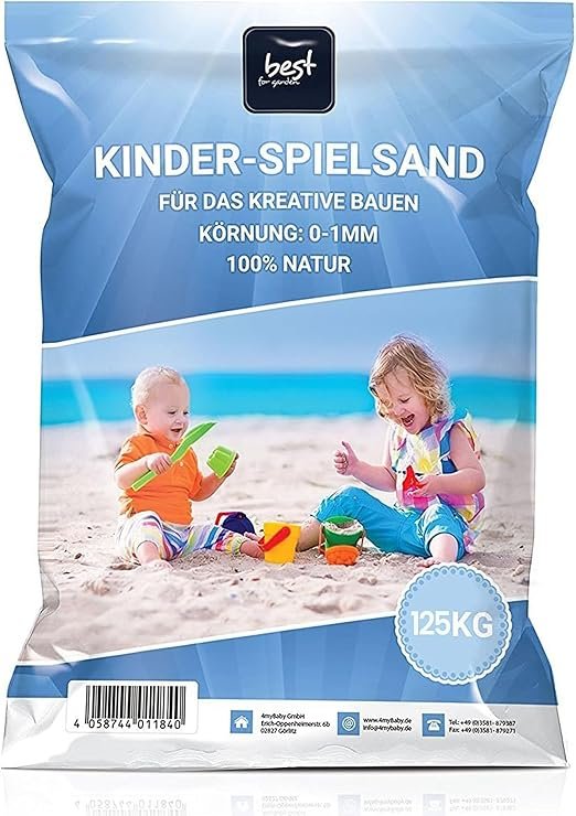 4myBaby GmbH - Spielsand 125kg | Quarz Sand für Sandkasten | Kinder Spielsand | Dekosand | Spielsand für Sandkasten | Keimfreier Spielsand | Gewaschener Feiner Quarzsand | Spielsand (5 x 25 kg Säcke)