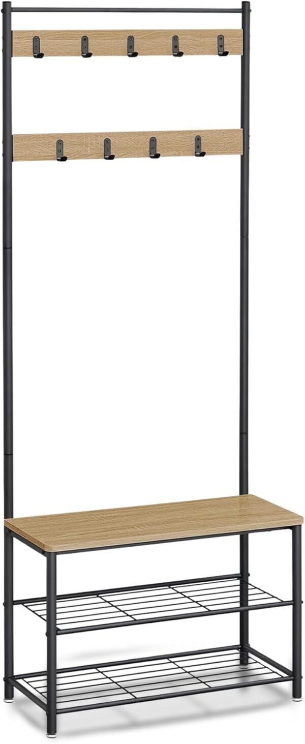 Garderobenständer | Kleiderständer mit Sitzbank & 2 Schuhablagen | Kleiderschrank für Flur & Korridor | Schwarzer Kleiderständer - Stahlrahmen mit 9 Haken | Industrial Design Garderobe