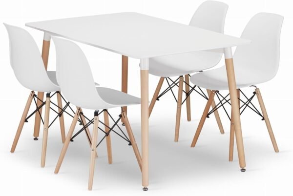 Best For Home Rechteckiges Tischset 120x80 cm Weiß mit 4 Weißen Stühlen, Modernes Esszimmer- und Küchen-Set, Tisch aus MDF mit Buchenholzbeinen, Ergonomische Stühle aus Polypropylen, Einfache Montage