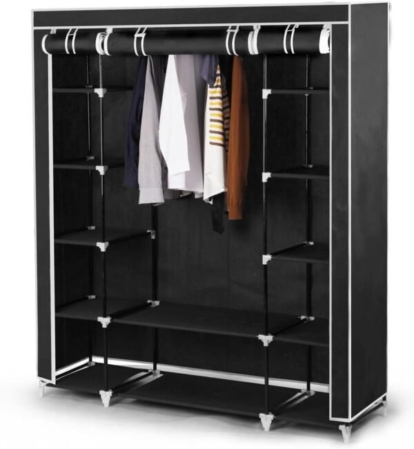 Best For Home XXL Stoffkleiderschrank Faltbar | 11 Regale Kleiderstange Aufbewahrungsschrank mit Reißverschluss Tür Schwarz Portable Kleiderschrank