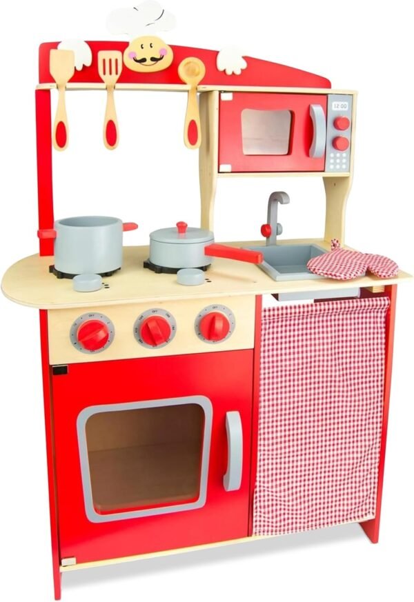 Best For Kids Holz Kinderküche Rot MDF | Spielküche mit Zubehör Ofen Spüle Herd | Kinderküche ab 3 Jahren